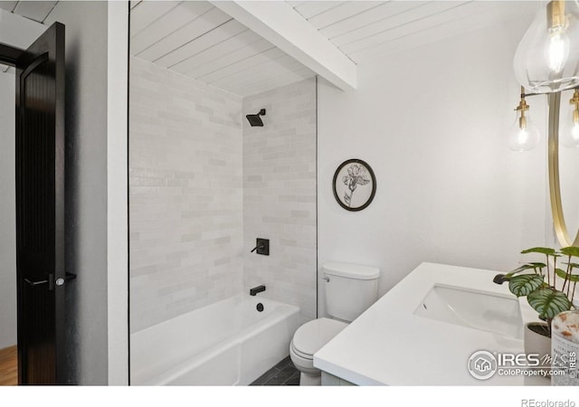 3260 Lafayette Dr, Boulder, CO 80305 - full bathroom featuring toilet, vanity, bathing tub / shower combination, and wood ceiling with exposed beams