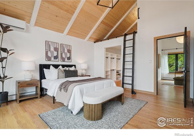 3260 Lafayette Dr, Boulder, CO 80305 - bedroom featuring wooden ceiling with exposed beams, high vaulted ceiling, wood finished floors, an AC wall unit, and baseboard heating
