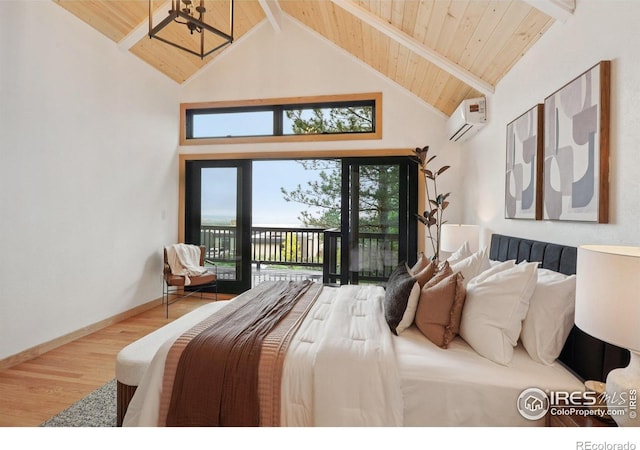 3260 Lafayette Dr, Boulder, CO 80305 - bedroom with access to exterior, a wall unit AC, wood finished floors, wooden ceiling with exposed beams, and high vaulted ceiling