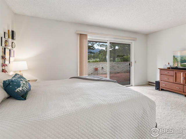 838 Vista Ln, Estes Park, CO 80517 - carpeted bedroom featuring access to exterior, baseboard heating, and a textured ceiling