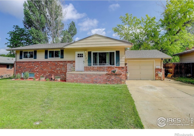 112 Dawson Pl, Longmont, CO 80504 - view of front facade with brick siding, concrete driveway, an attached garage, and covered porch