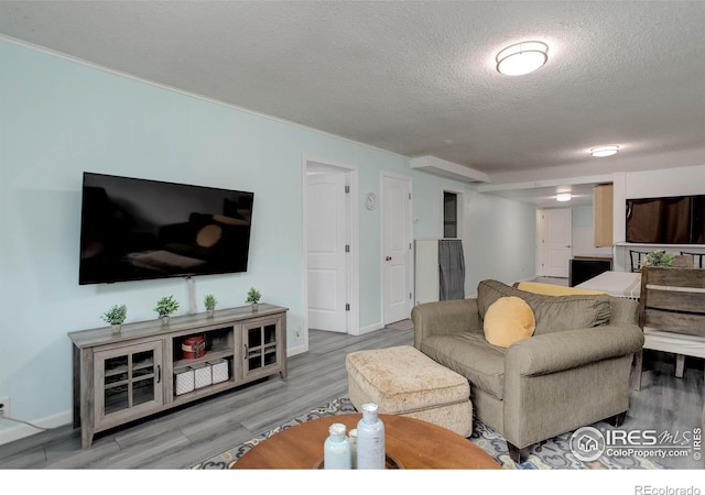112 Dawson Pl, Longmont, CO 80504 - living area featuring wood finished floors, a textured ceiling, and baseboards