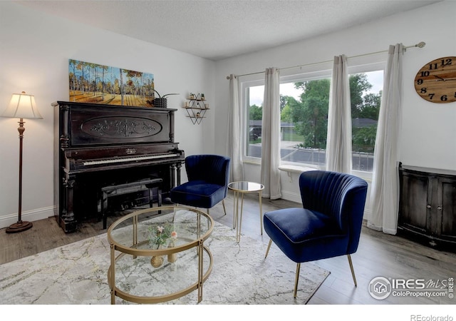 112 Dawson Pl, Longmont, CO 80504 - sitting room featuring wood finished floors, a textured ceiling, and baseboards