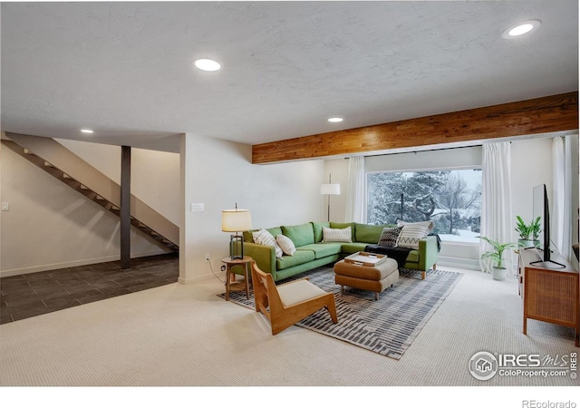 1048 Westview Dr, Boulder, CO 80303 - living room featuring recessed lighting, stairs, carpet floors, baseboards, and a textured ceiling