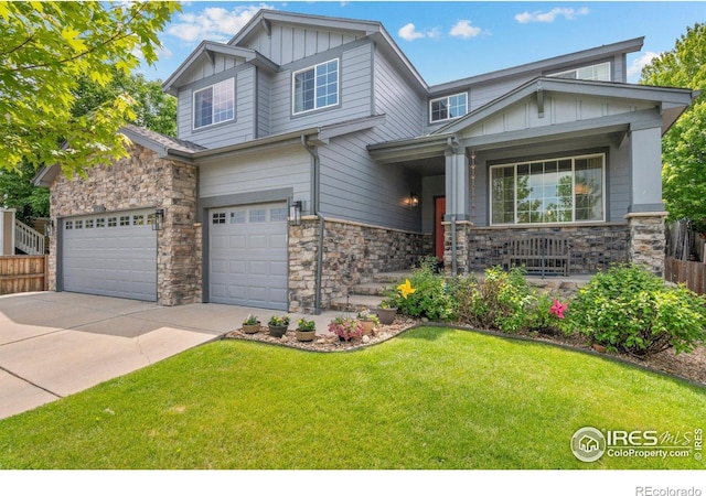 1682 Crestview Ln, Erie, CO 80516 - craftsman inspired home featuring board and batten siding, stone siding, driveway, and covered porch