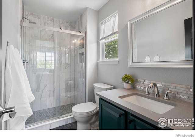 1682 Crestview Ln, Erie, CO 80516 - full bath with toilet, vanity, a shower stall, and backsplash