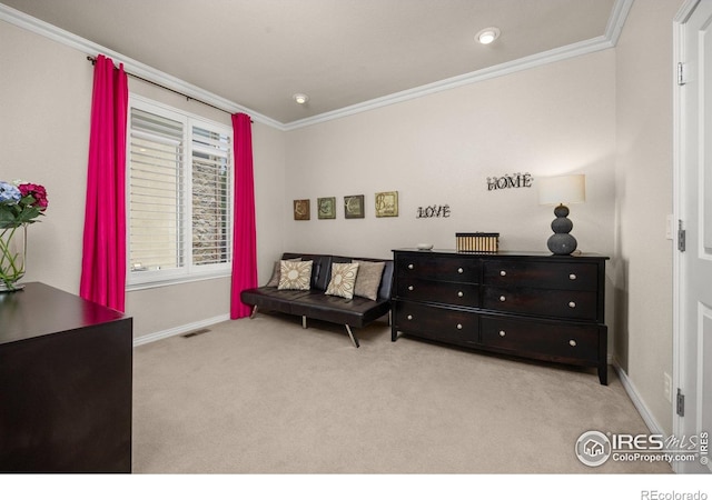 14246 Piney River Rd, Broomfield, CO 80023 - living area with crown molding, carpet flooring, and baseboards