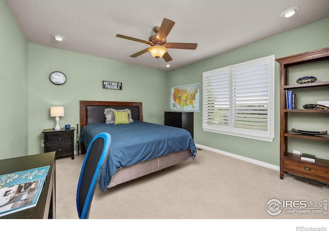 14246 Piney River Rd, Broomfield, CO 80023 - bedroom with carpet flooring, baseboards, a ceiling fan, and recessed lighting