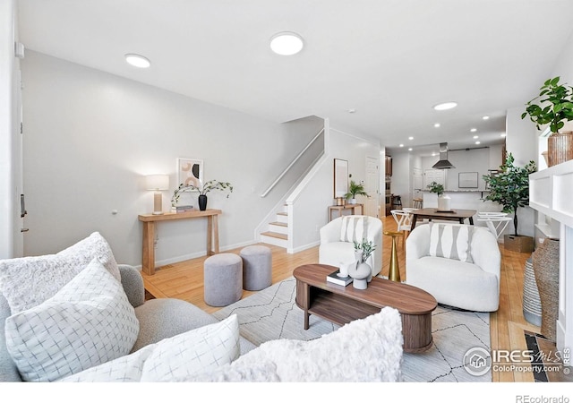 4039 N Clay St, Denver, CO 80211 - living room featuring stairs, wood finished floors, recessed lighting, and baseboards