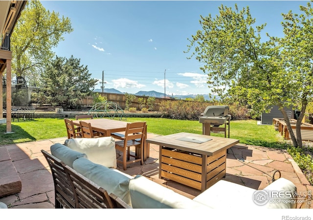 1067 W Alder St, Louisville, CO 80027 - fenced backyard with outdoor dining area, a patio area, a trampoline, an outdoor hangout area, and grilling area