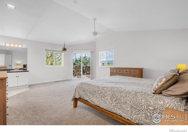 1067 W Alder St, Louisville, CO 80027 - bedroom featuring access to outside, light carpet, lofted ceiling, multiple windows, and recessed lighting