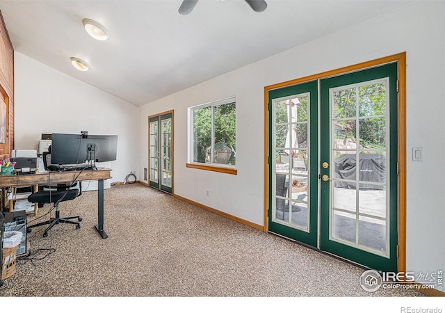 514 Palisade Mountain Dr, Windsor, CO 80550 - carpeted office with vaulted ceiling, plenty of natural light, baseboards, a ceiling fan, and french doors