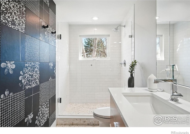 1670 Linden Ave, Boulder, CO 80304 - bathroom featuring vanity, a shower stall, toilet, and recessed lighting