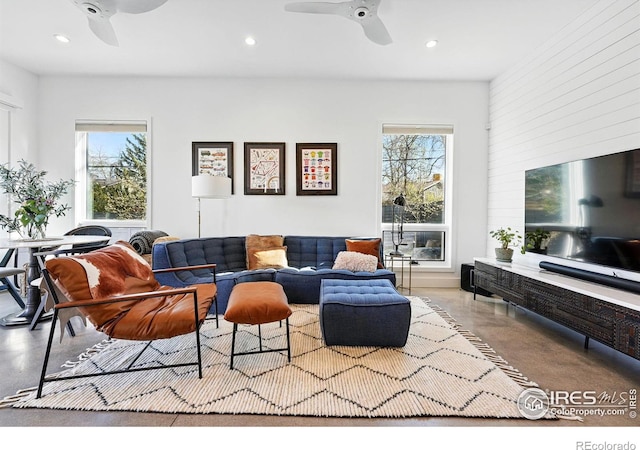 1670 Linden Ave, Boulder, CO 80304 - living room featuring ceiling fan, plenty of natural light, recessed lighting, and finished concrete floors
