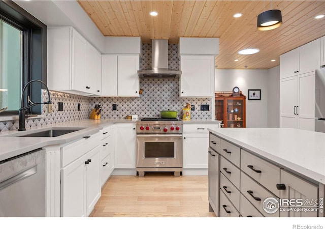 1579 W Costilla Pl, Littleton, CO 80120 - kitchen featuring wall chimney exhaust hood, appliances with stainless steel finishes, wood ceiling, a sink, and light wood-style floors
