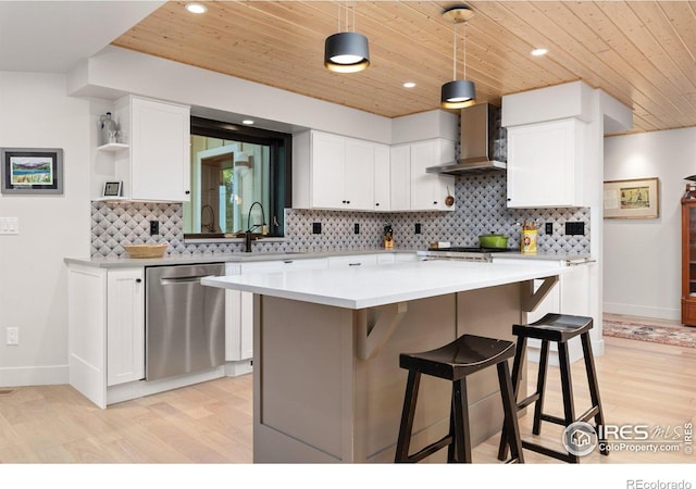 1579 W Costilla Pl, Littleton, CO 80120 - kitchen featuring stainless steel dishwasher, wall chimney exhaust hood, wood ceiling, a sink, and white cabinets