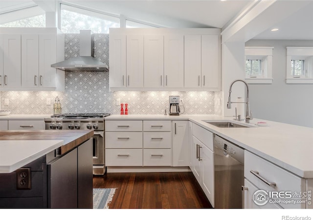 1816 Mariposa Ave, Boulder, CO 80302 - kitchen with appliances with stainless steel finishes, wall chimney exhaust hood, light countertops, dark wood-style floors, and lofted ceiling