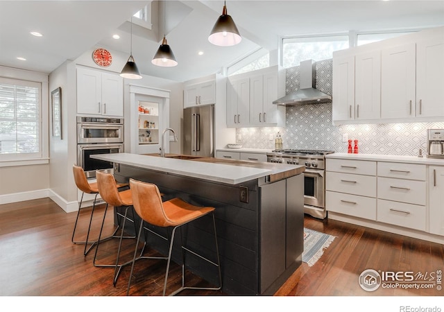 1816 Mariposa Ave, Boulder, CO 80302 - kitchen with high quality appliances, wall chimney range hood, dark wood-style flooring, backsplash, and a sink