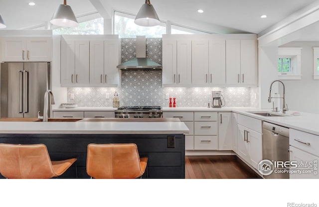 1816 Mariposa Ave, Boulder, CO 80302 - kitchen with appliances with stainless steel finishes, wall chimney exhaust hood, a sink, dark wood-style flooring, and vaulted ceiling