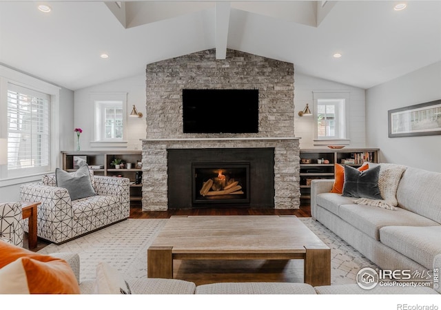 1816 Mariposa Ave, Boulder, CO 80302 - living area featuring wood finished floors, a stone fireplace, and recessed lighting