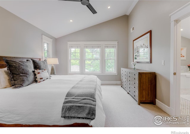 1816 Mariposa Ave, Boulder, CO 80302 - bedroom with light colored carpet, lofted ceiling, recessed lighting, baseboards, and ceiling fan