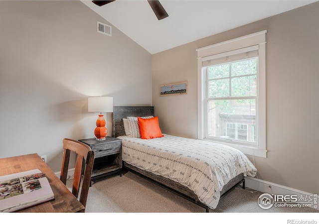 1816 Mariposa Ave, Boulder, CO 80302 - carpeted bedroom featuring vaulted ceiling, baseboards, and a ceiling fan