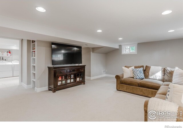 1816 Mariposa Ave, Boulder, CO 80302 - living room with carpet flooring, separate washer and dryer, recessed lighting, and baseboards
