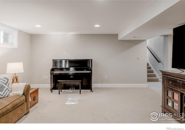1816 Mariposa Ave, Boulder, CO 80302 - carpeted living room featuring baseboards, stairs, and recessed lighting