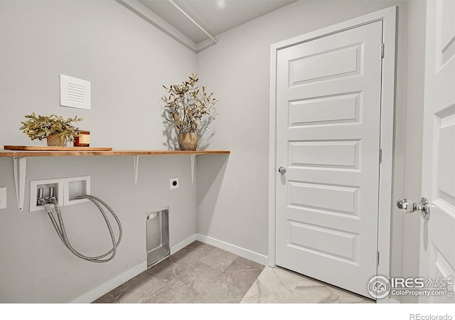 403 Pony Express Trl, Ault, CO 80610 - washroom featuring washer hookup, light marble finish floors, baseboards, and electric dryer hookup