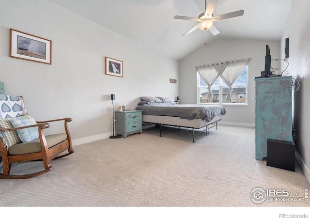 5111 Longshaw Ct Unit 5, Windsor, CO 80528 - carpeted bedroom featuring lofted ceiling, baseboards, and a ceiling fan