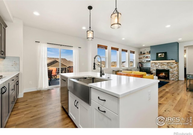 7061 Sage Meadows Dr, Wellington, CO 80549 - kitchen featuring a sink, dishwasher, light wood-style flooring, recessed lighting, and light countertops