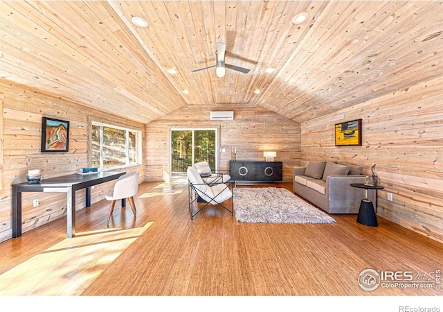 279 Green Meadow Ln, Boulder, CO 80302 - living room with wooden walls, lofted ceiling, wood ceiling, wood finished floors, and ceiling fan