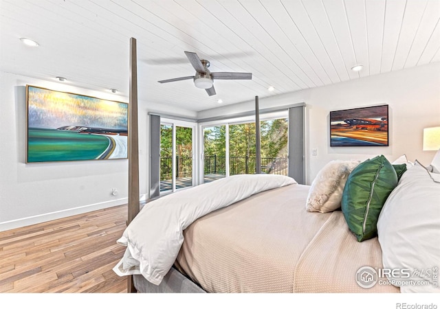 279 Green Meadow Ln, Boulder, CO 80302 - bedroom with access to exterior, wood finished floors, baseboards, recessed lighting, and a ceiling fan