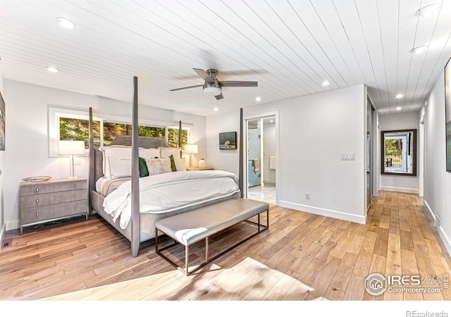 279 Green Meadow Ln, Boulder, CO 80302 - bedroom with light wood-style floors, recessed lighting, wooden ceiling, baseboards, and ensuite bathroom