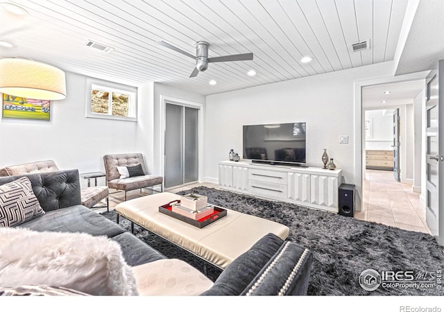 279 Green Meadow Ln, Boulder, CO 80302 - tiled living room with a ceiling fan, wood ceiling, and recessed lighting