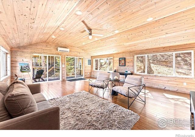 279 Green Meadow Ln, Boulder, CO 80302 - living area with wood walls, wood ceiling, a wall mounted air conditioner, lofted ceiling, and ceiling fan