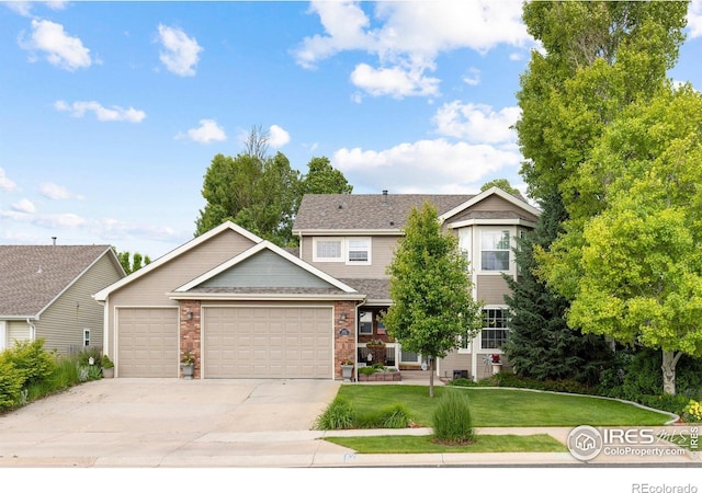 3023 39th Ave, Evans, CO 80620 - view of front of house featuring a garage, driveway, a front lawn, brick siding, and roof with shingles