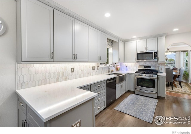 3023 39th Ave, Evans, CO 80620 - kitchen featuring appliances with stainless steel finishes, gray cabinetry, wood finished floors, a sink, and recessed lighting