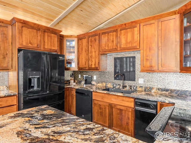 135 Canyon River Rd, Drake, CO 80515 - kitchen featuring black appliances, a sink, wood ceiling, light stone countertops, and decorative backsplash