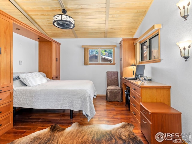 135 Canyon River Rd, Drake, CO 80515 - bedroom with vaulted ceiling, wood ceiling, wood-type flooring, and an office area