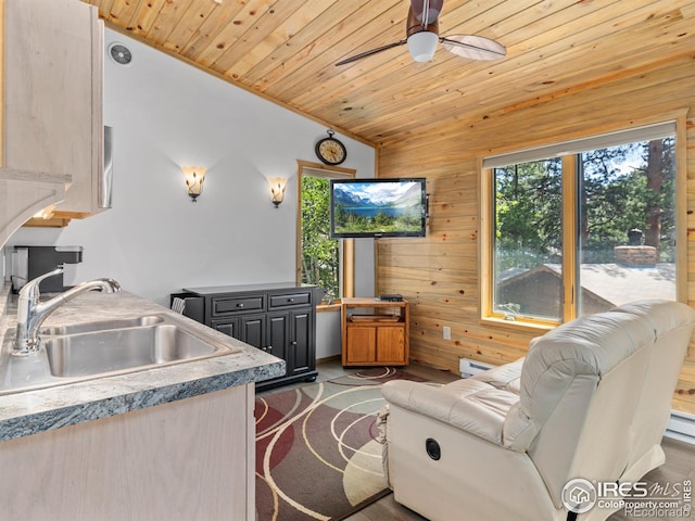 135 Canyon River Rd, Drake, CO 80515 - living area with plenty of natural light, wood walls, ceiling fan, vaulted ceiling, and wood ceiling