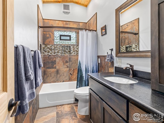 135 Canyon River Rd, Drake, CO 80515 - full bath featuring vanity, toilet, shower / bathtub combination with curtain, and stone finish floors