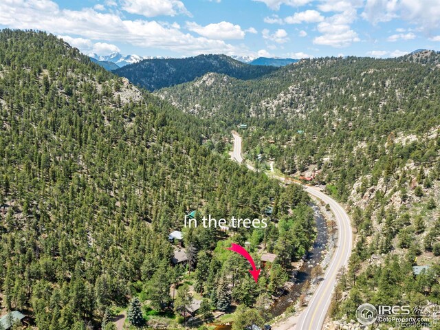 135 Canyon River Rd, Drake, CO 80515 - aerial view of property and surrounding area with a mountain backdrop and a forest