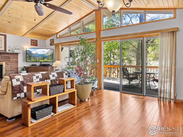 135 Canyon River Rd, Drake, CO 80515 - living area featuring wooden ceiling with exposed beams, a ceiling fan, wood finished floors, and high vaulted ceiling