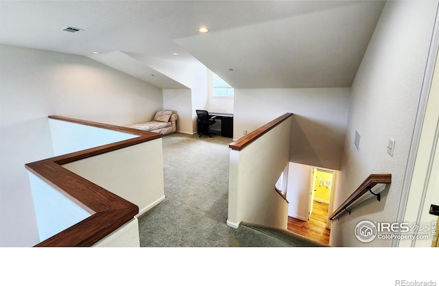 451 Clubhouse Ct, Loveland, CO 80537 - corridor featuring an upstairs landing, carpet flooring, lofted ceiling, and recessed lighting