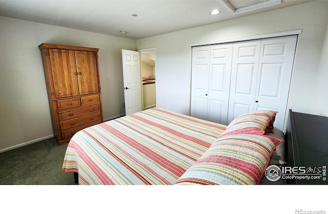 451 Clubhouse Ct, Loveland, CO 80537 - bedroom featuring dark colored carpet, a closet, recessed lighting, baseboards, and attic access