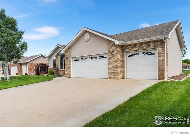 1365 Settlers Dr, Eaton, CO 80615 - ranch-style house with a garage, concrete driveway, a front yard, brick siding, and a shingled roof