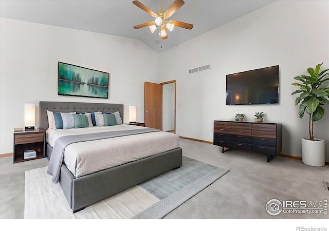 1365 Settlers Dr, Eaton, CO 80615 - bedroom with carpet flooring, high vaulted ceiling, and a ceiling fan