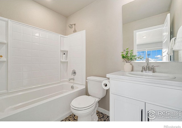 259 Molinar St, Johnstown, CO 80534 - full bath featuring vanity, tub / shower combination, toilet, baseboards, and tile patterned flooring