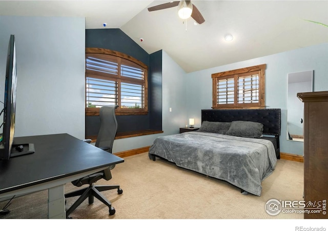 5709 Old Legacy Dr, Fort Collins, CO 80528 - carpeted bedroom featuring vaulted ceiling, an office area, and a ceiling fan